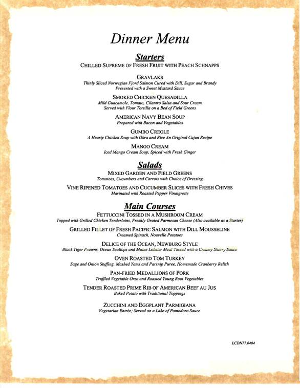 carnival dream 6 day cruise menu