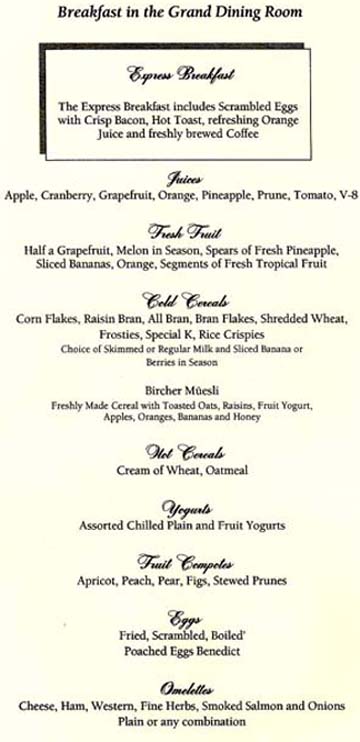 Oceania Cruises Breakfast Menu 1`